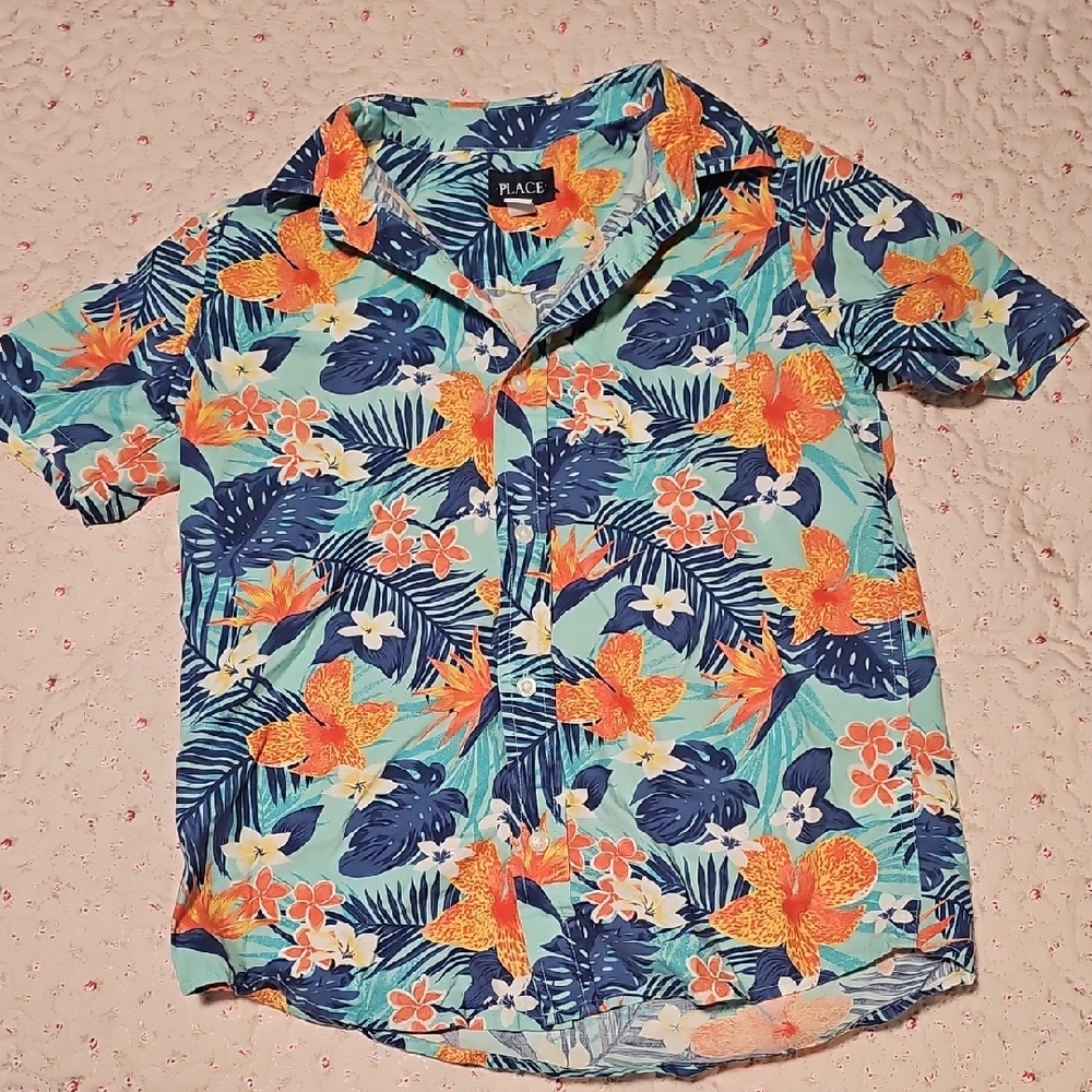 Boys Floral Button Down Shirt - Blue and Orange